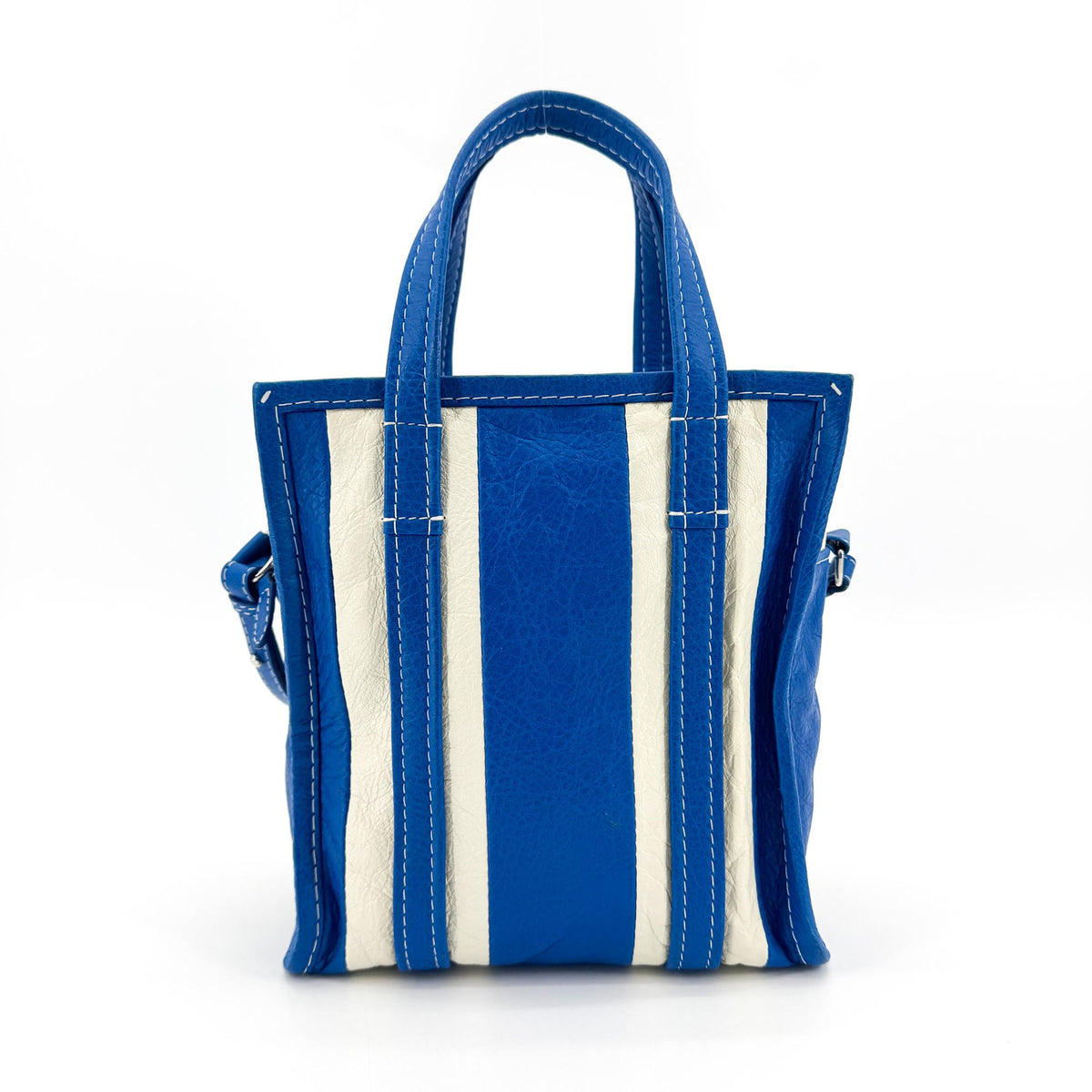 Balenciaga Bazar Striped Leather, Blue, Leather, Tote Bag