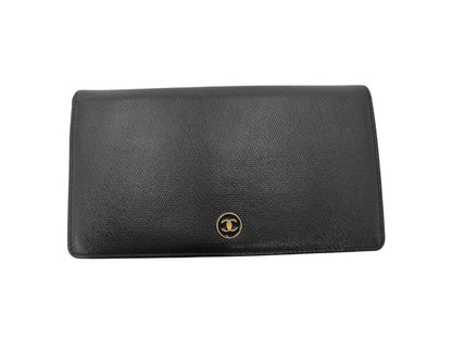 Chanel CC Logo Zipper Long Bifold Leather, Black, Leather, Wallet