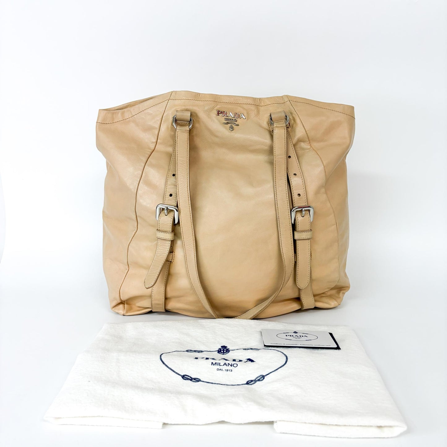 Prada Convertible Belted Side Pocket Tote Vitello Daino Leather, Beige, Calfskin, Tote Bag