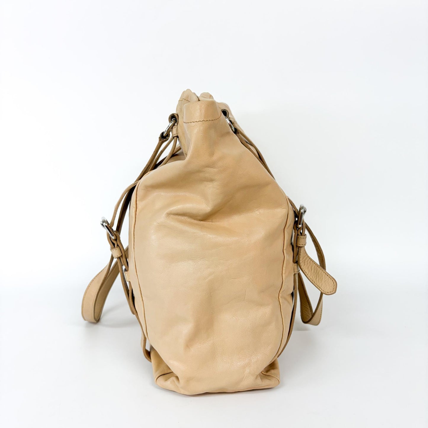 Prada Convertible Belted Side Pocket Tote Vitello Daino Leather, Beige, Calfskin, Tote Bag