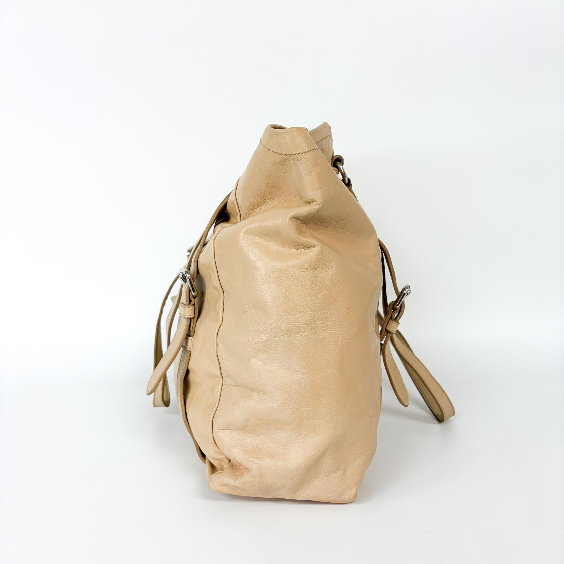 Prada Convertible Belted Side Pocket Tote Vitello Daino Leather, Beige, Calfskin, Tote Bag