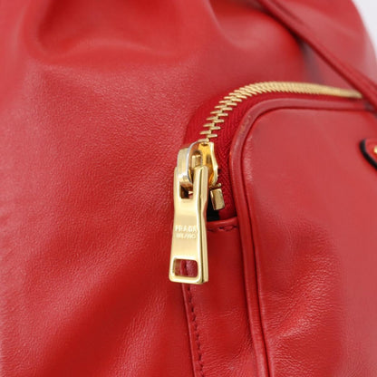 Prada Drawstring Pocket Bucket Soft Calf, Red, Leather, Shoulder Bag