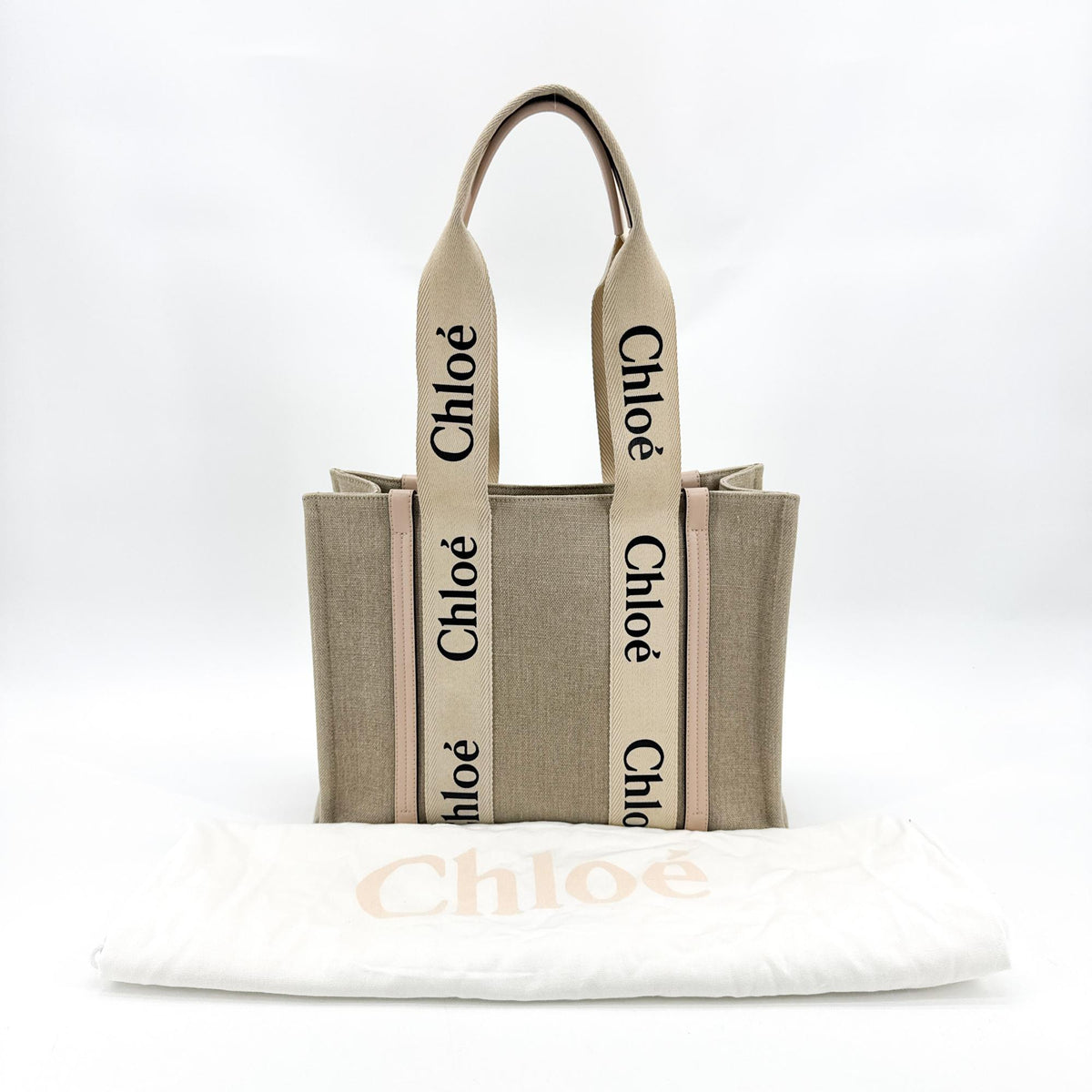 Chloe Woody Canvas with Leather, Beige, Canvas, Tote Bag