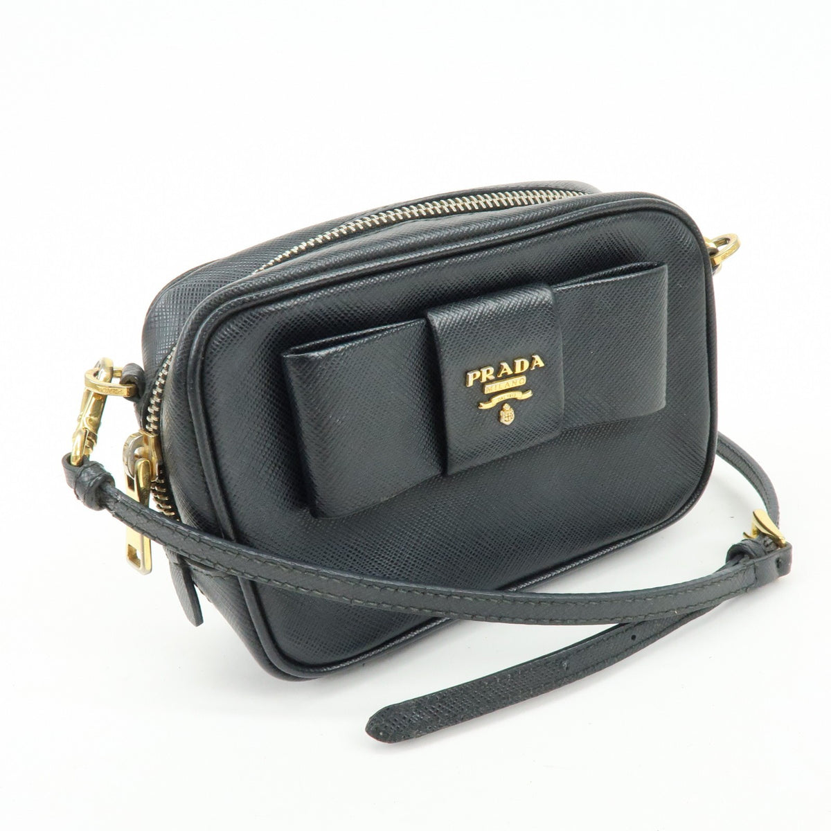 Prada Bow Camera Saffiano Leather, Black, Leather, Crossbody Bag