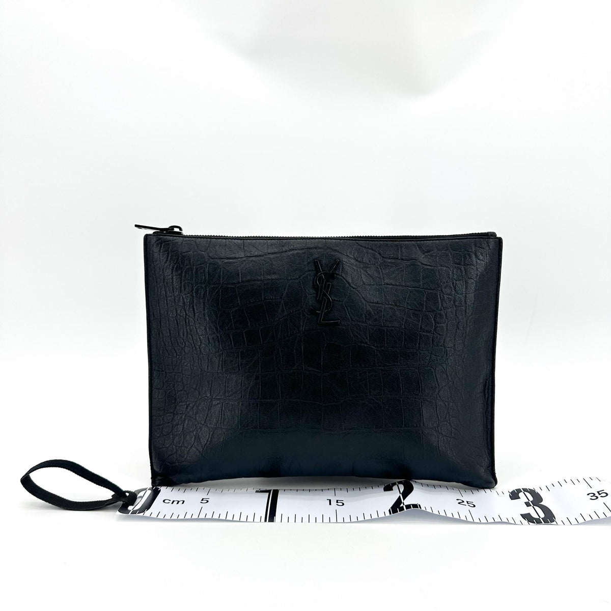 Saint Laurent Classic Monogram Zip Crocodile Embossed Leather, Black, Leather, Clutch