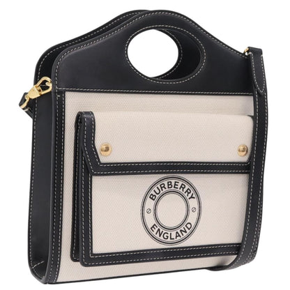 Burberry Logo Pocket Canvas with Leather, White, Canvas, Tote Bag
