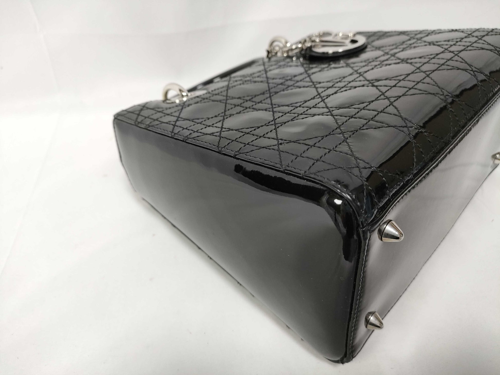 Christian Dior Lady Dior Patent, Black, Patent Leather, Handbag