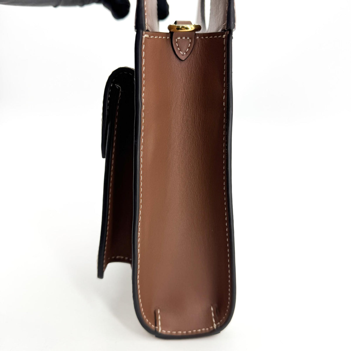 Burberry Logo Pocket Leather with Check Canvas, Brown, Canvas, Tote Bag