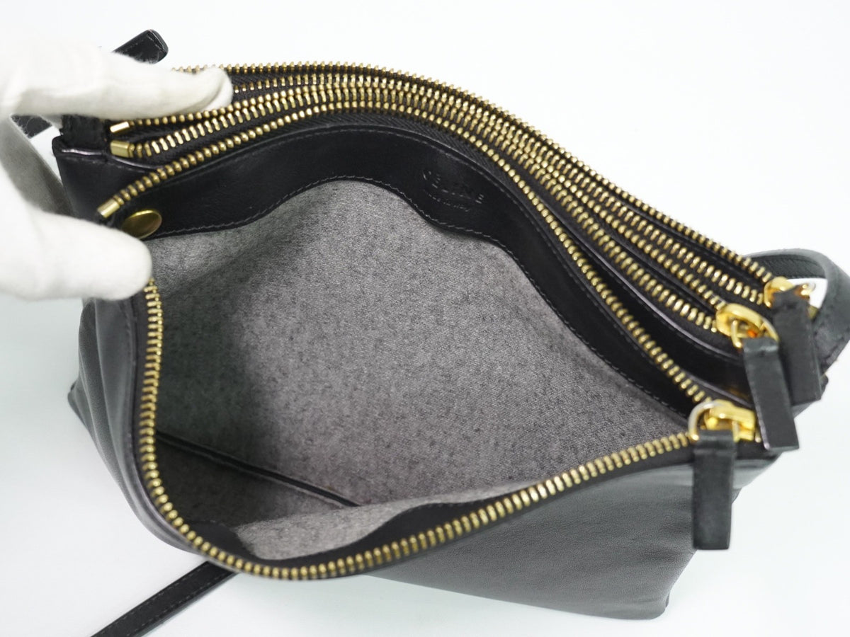 Celine Trio Leather, Black, Leather, Crossbody Bag