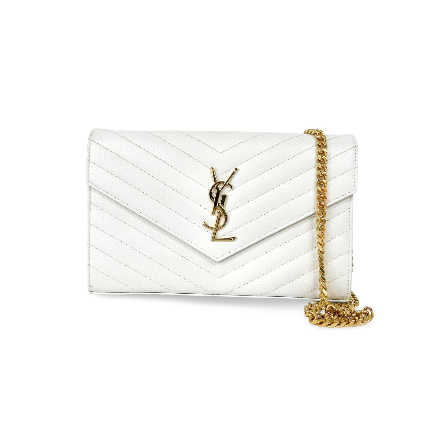 Saint Laurent Classic Monogram Flap Wallet Matelasse Chevron Leather, White, Leather, Wallet