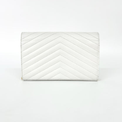 Saint Laurent Classic Monogram Flap Wallet Matelasse Chevron Leather, White, Leather, Wallet