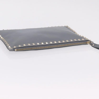Valentino Garavani Rockstud Pouch Leather, Gray, Leather, Clutch
