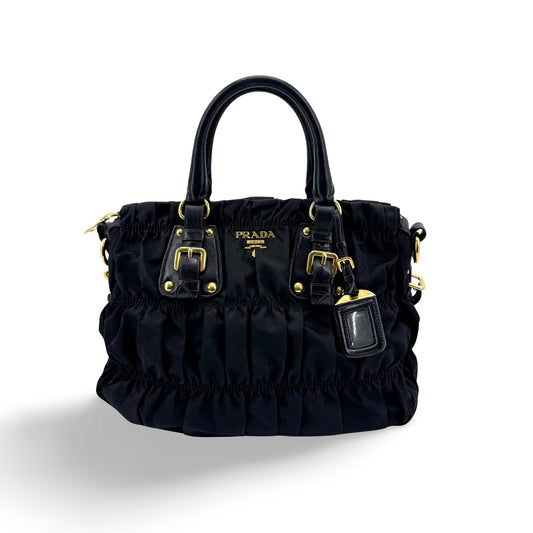 Prada Gaufre Convertible Leather and Tessuto, Black, Nylon, Tote Bag