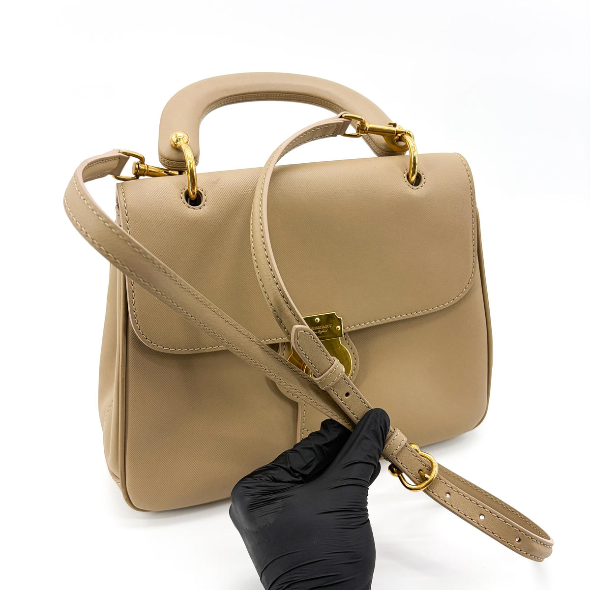 Burberry DK88 Top Handle Leather, Beige, Leather, Handbag