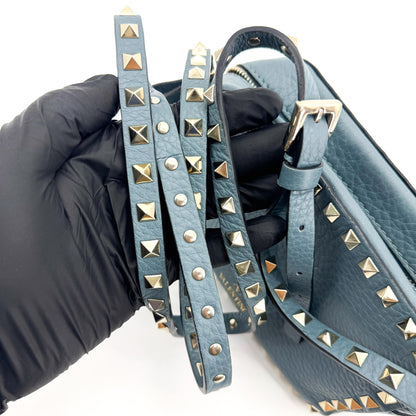Valentino Garavani Rockstud Camera Leather, Blue, Leather, Crossbody Bag