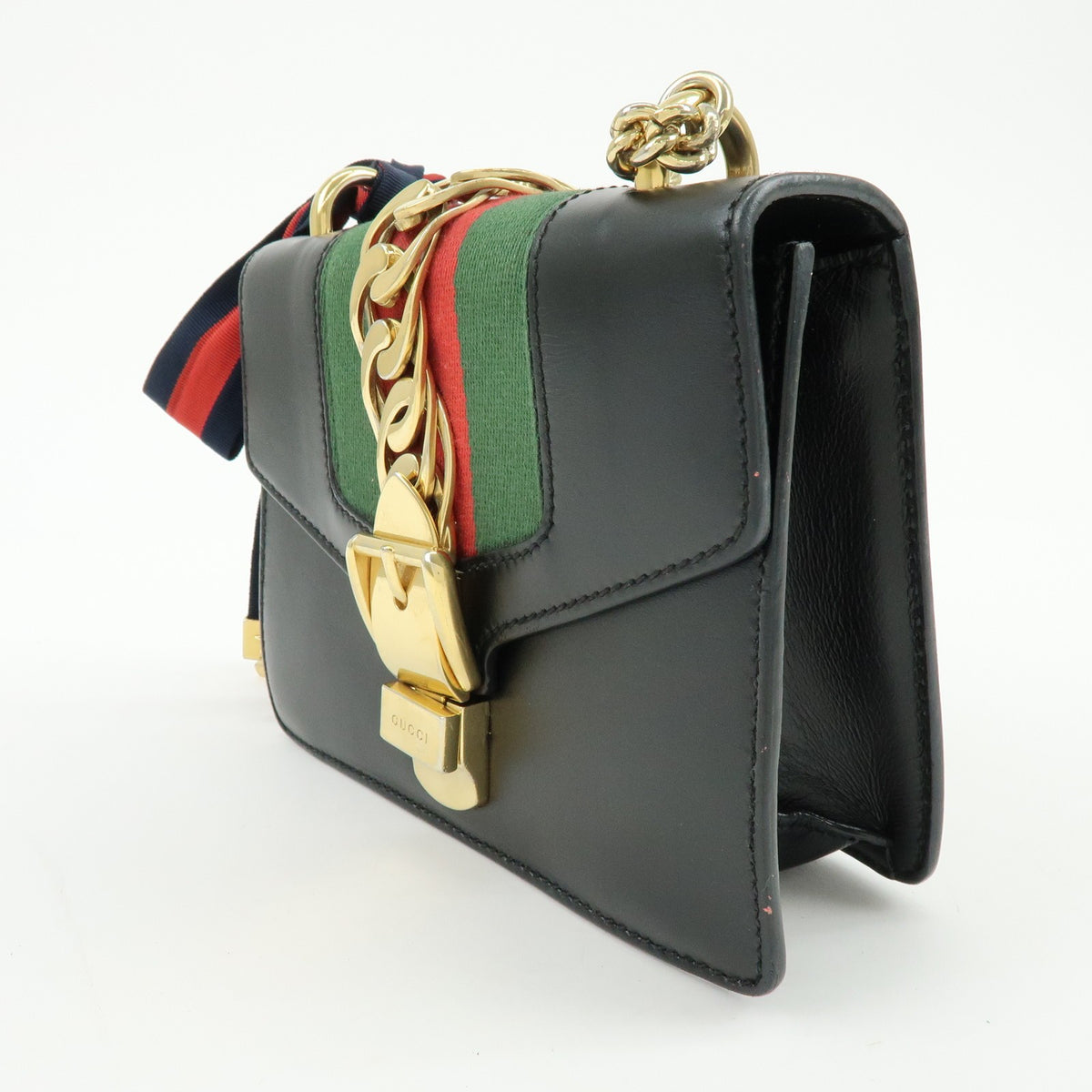 Gucci Sylvie Chain Leather, Black, Leather, Shoulder Bag