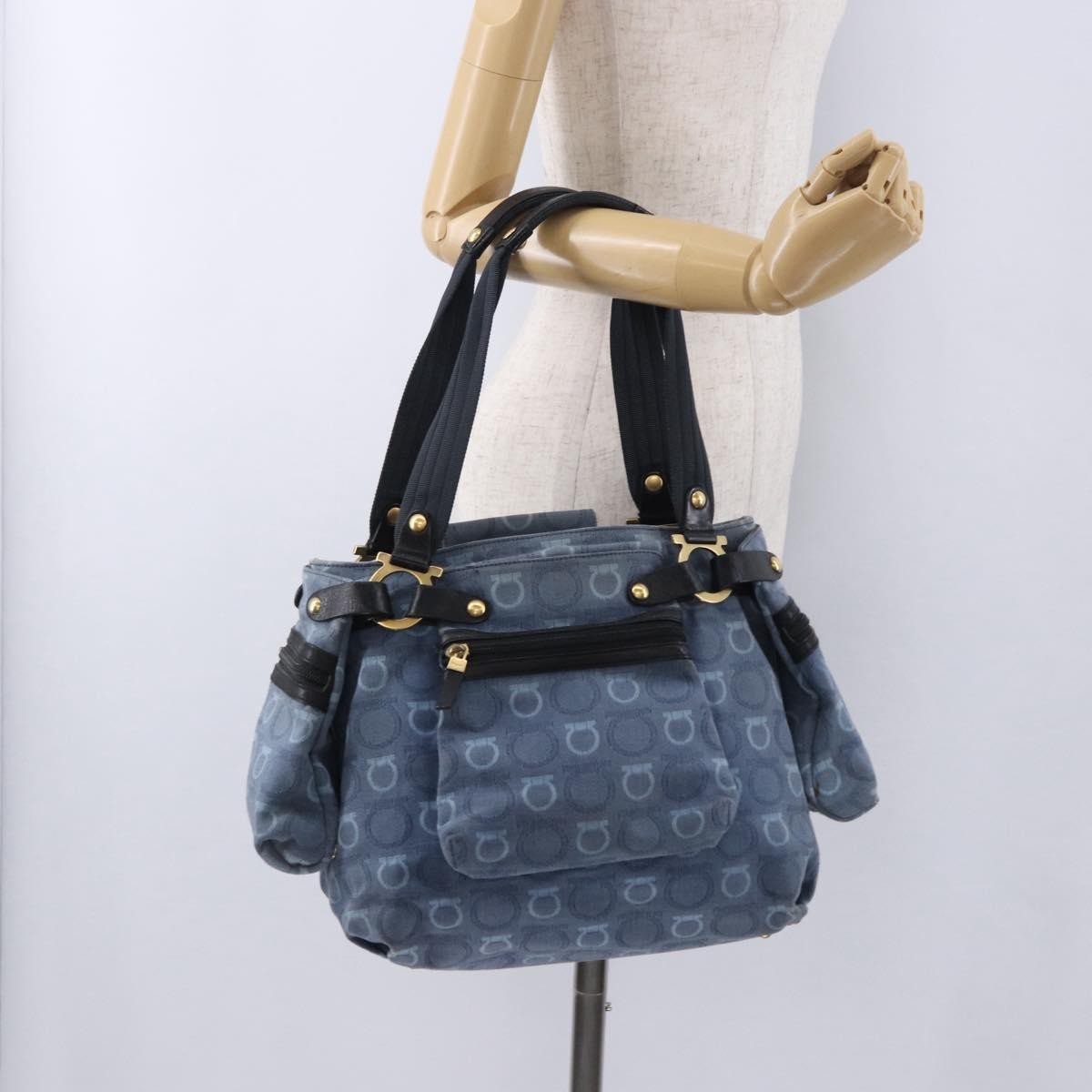 Salvatore Ferragamo Gancini Canvas, Navy, Canvas, Crossbody Bag