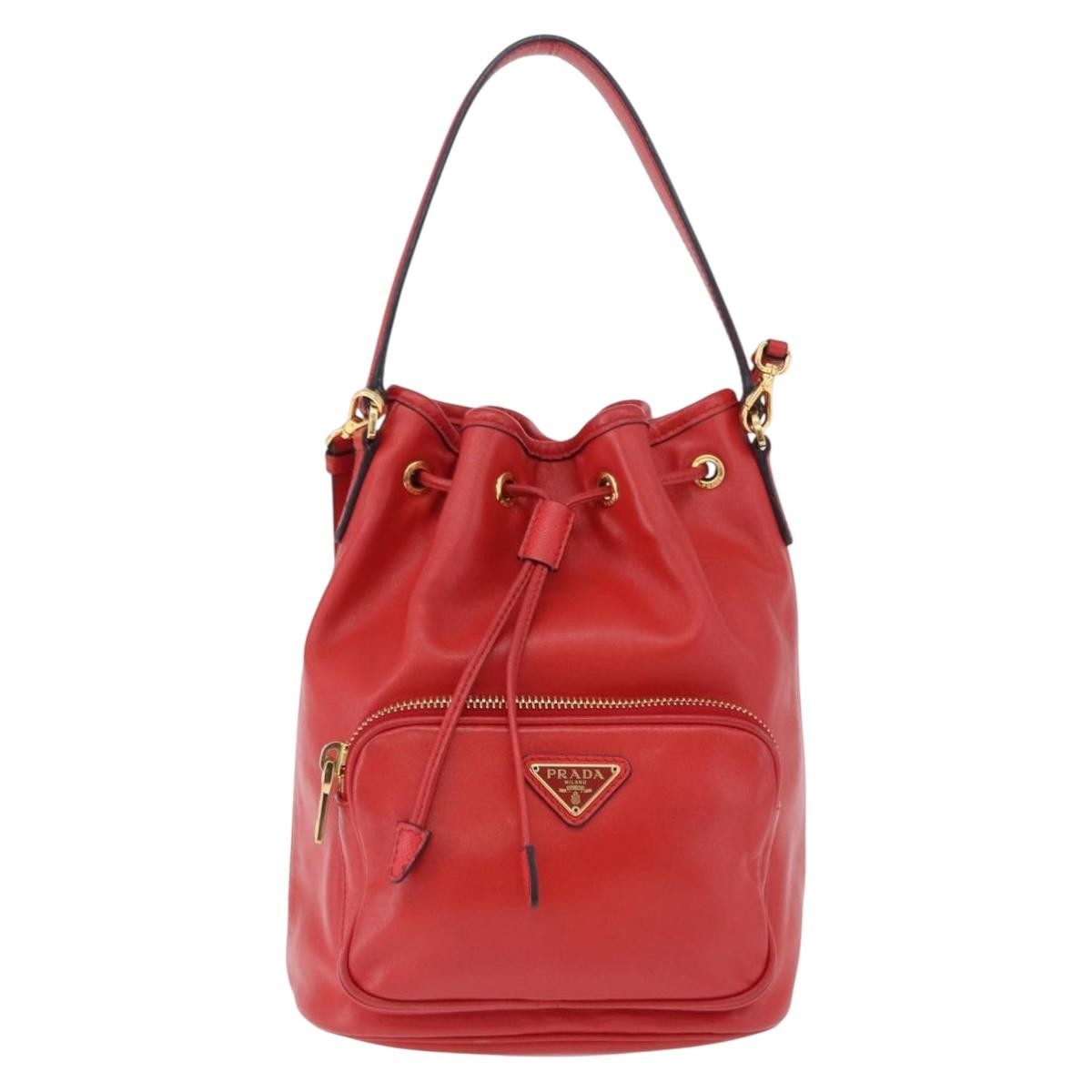 Prada Drawstring Pocket Bucket Soft Calf, Red, Leather, Shoulder Bag