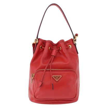 Prada Drawstring Pocket Bucket Soft Calf, Red, Leather, Shoulder Bag