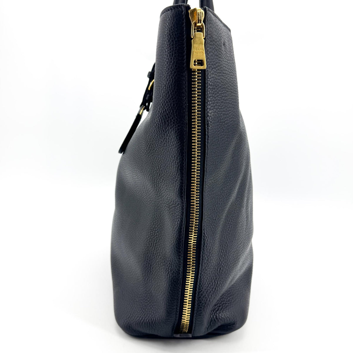 Prada Side Zip Convertible Vitello Daino, Black, Leather, Tote Bag
