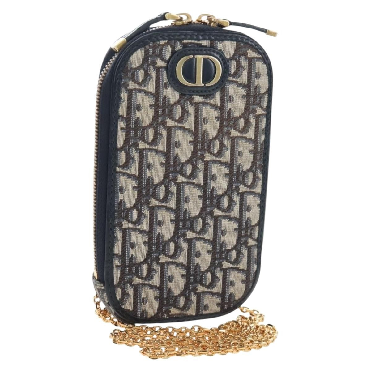 Christian Dior 30 Montaigne Phone Holder on Chain Oblique Canvas, Navy, Canvas, Crossbody Bag