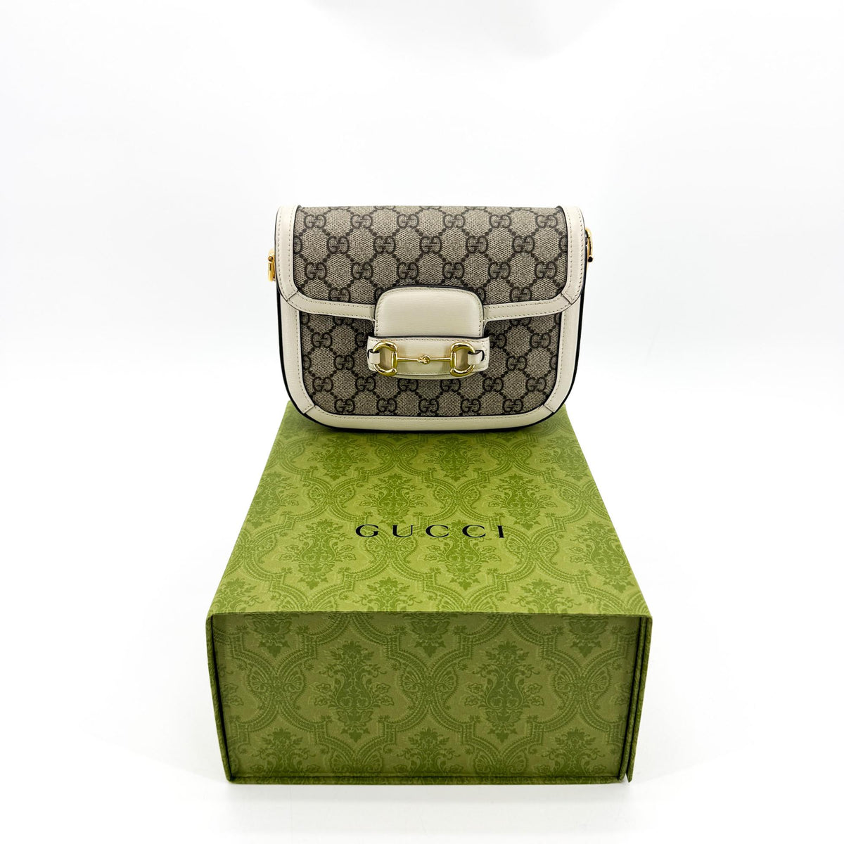 Gucci Horsebit 1955 GG Coated Canvas with Leather, White, Canvas, Shoulder Bag