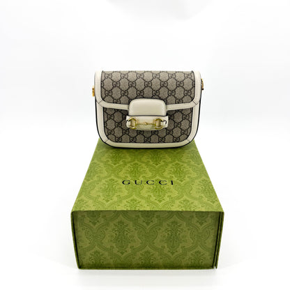 Gucci Horsebit 1955 GG Coated Canvas with Leather, White, Canvas, Shoulder Bag