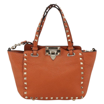 Valentino Garavani Rockstud Pebbled Leather, Orange, Leather, Tote Bag