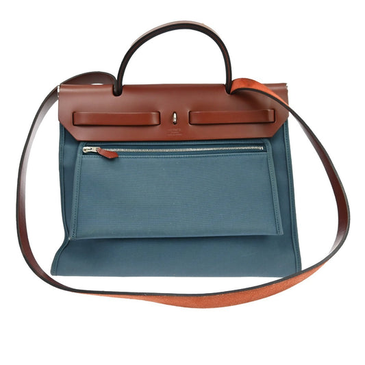 Hermes Herbag Zip Leather and Toile, Blue, Canvas, Handbag
