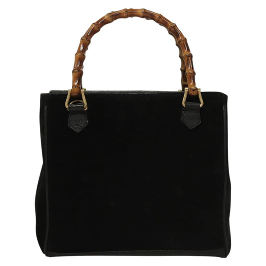 Gucci Vintage Bamboo Front Pocket Tote Suede, Black, Suede, Handbag