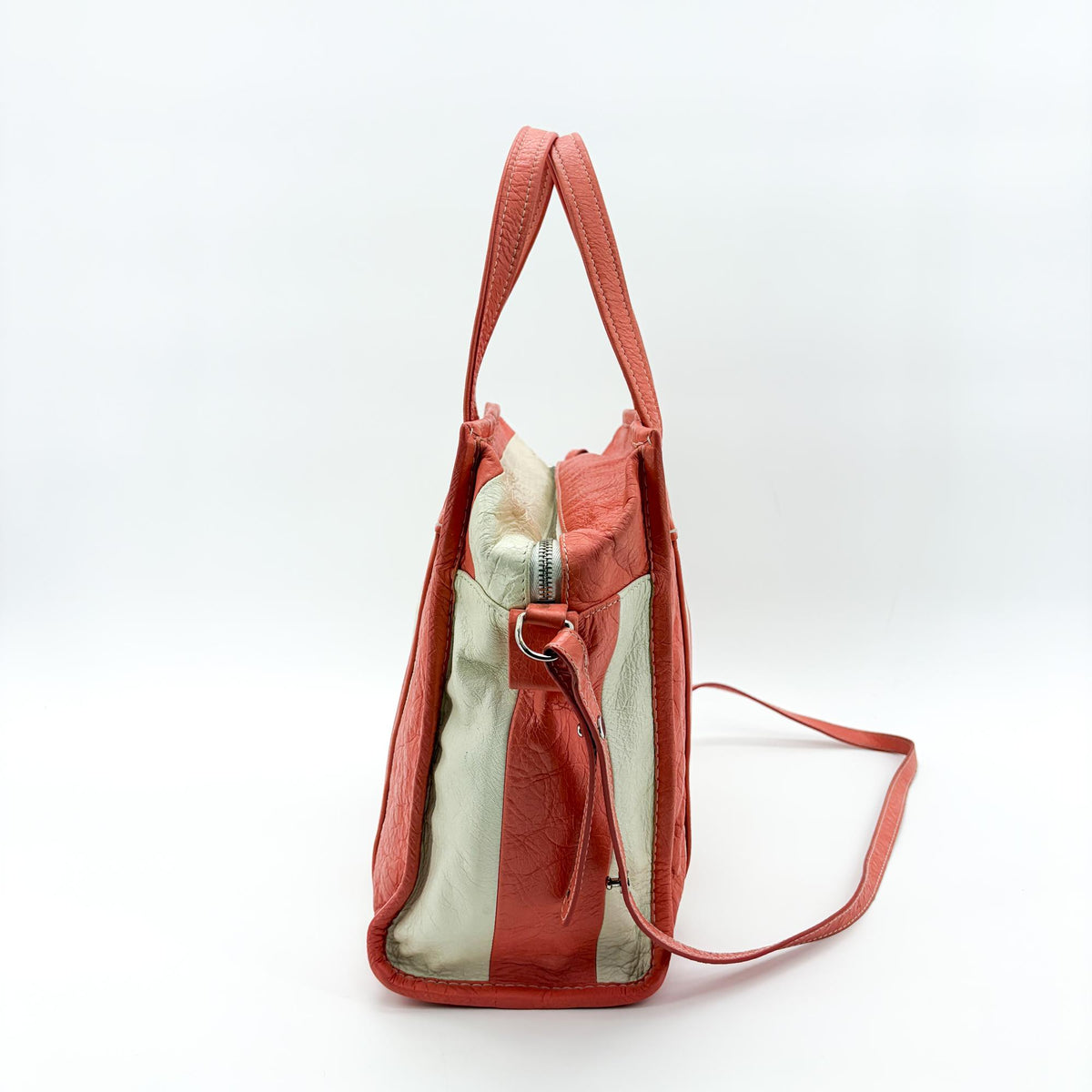 Balenciaga Bazar Striped Leather, White, Leather, Tote Bag