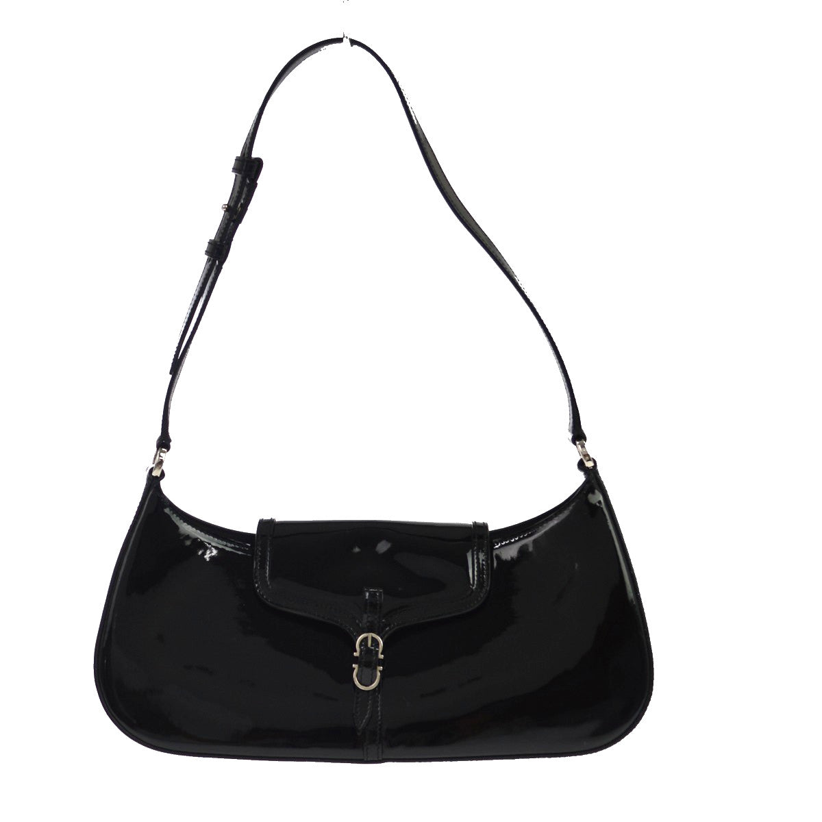 Salvatore Ferragamo Vintage Gancini Hobo Leather, Black, Patent Leather, Shoulder Bag