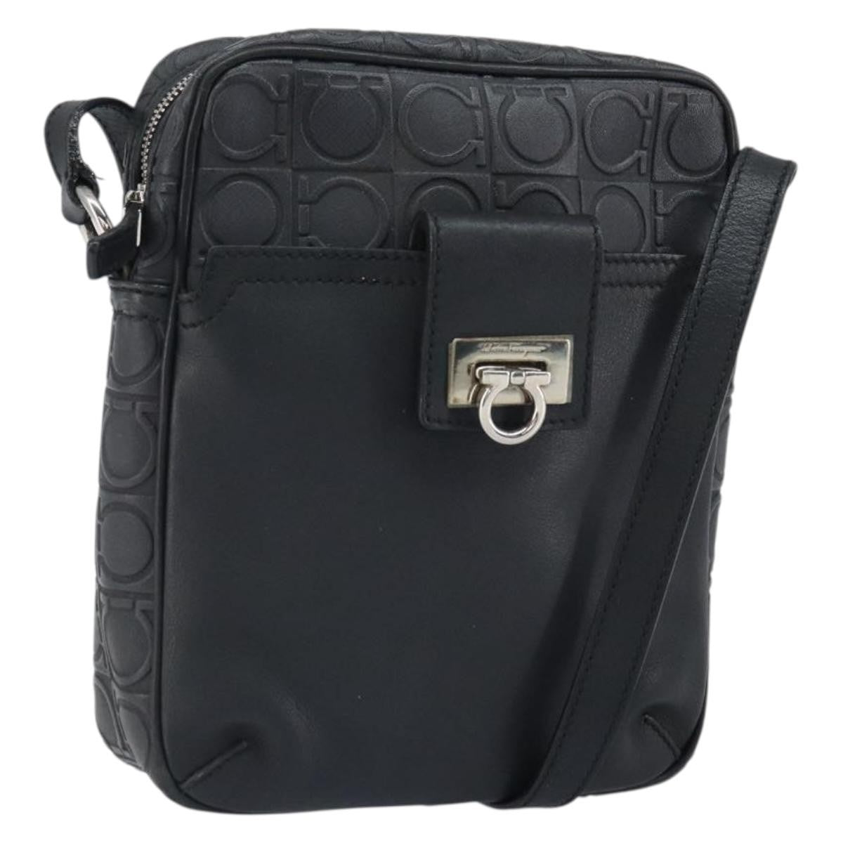 Salvatore Ferragamo Gancini Leather, Black, Leather, Shoulder Bag