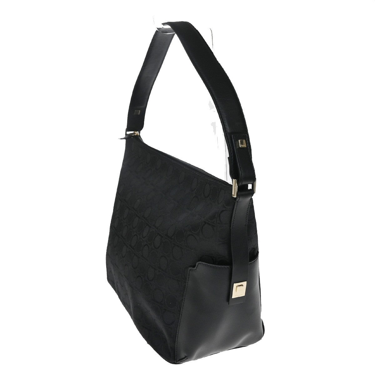 Salvatore Ferragamo Gancini Zip Leather, Black, Canvas, Tote Bag