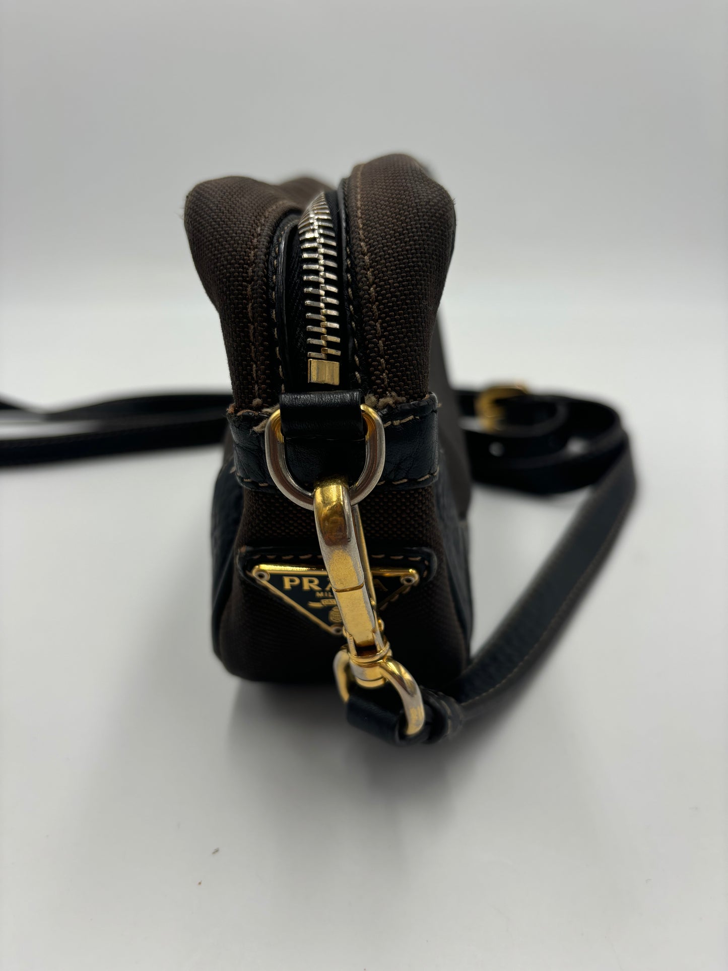 Prada Mini Zip Crossbody Bag Canvas and Leather, Brown, Canvas, Backpack