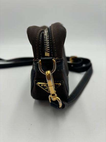 Prada Mini Zip Crossbody Bag Canvas and Leather, Brown, Canvas, Backpack