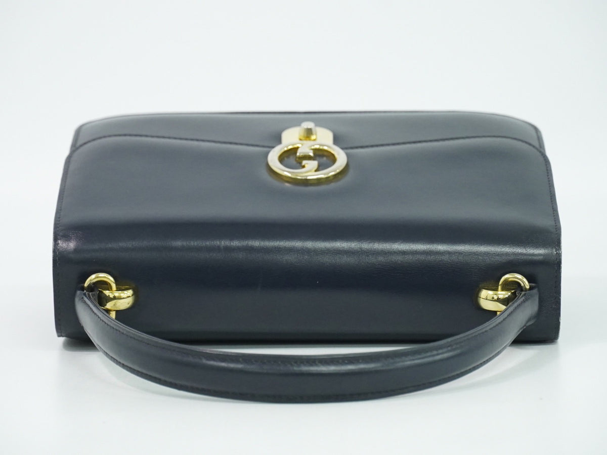 Gucci Vintage Top Handle Flap Leather with Chain Detail, Navy, Leather, Handbag
