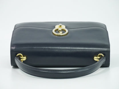 Gucci Vintage Top Handle Flap Leather with Chain Detail, Navy, Leather, Handbag