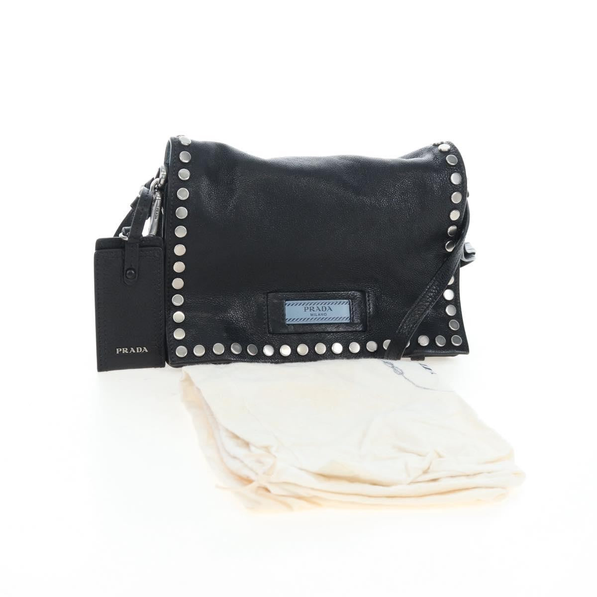 Prada Etiquette Flap Studded Glace Calfskin, Black, Leather, Handbag