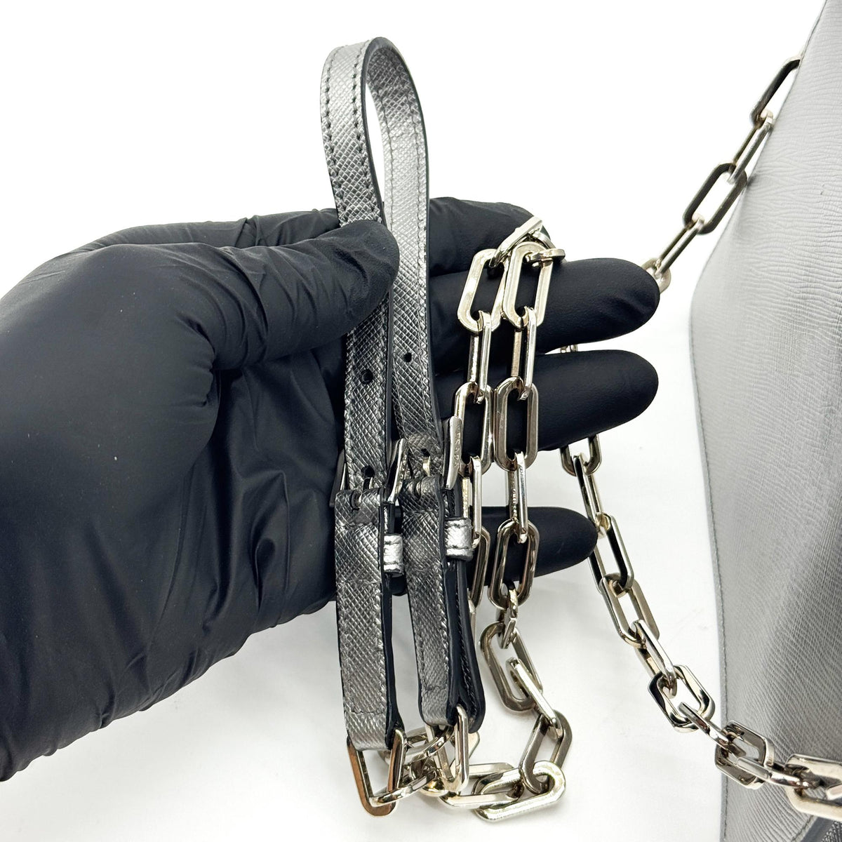 Prada Wallet on Strap Saffiano Leather, Silver, Leather, Crossbody Bag