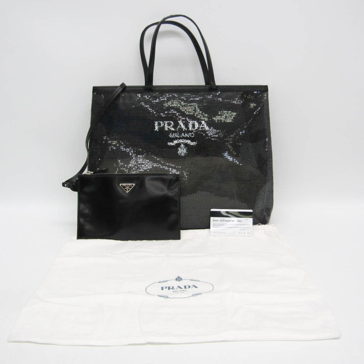 Prada Logo Open Sequined Mesh, Black, Mesh, Tote Bag