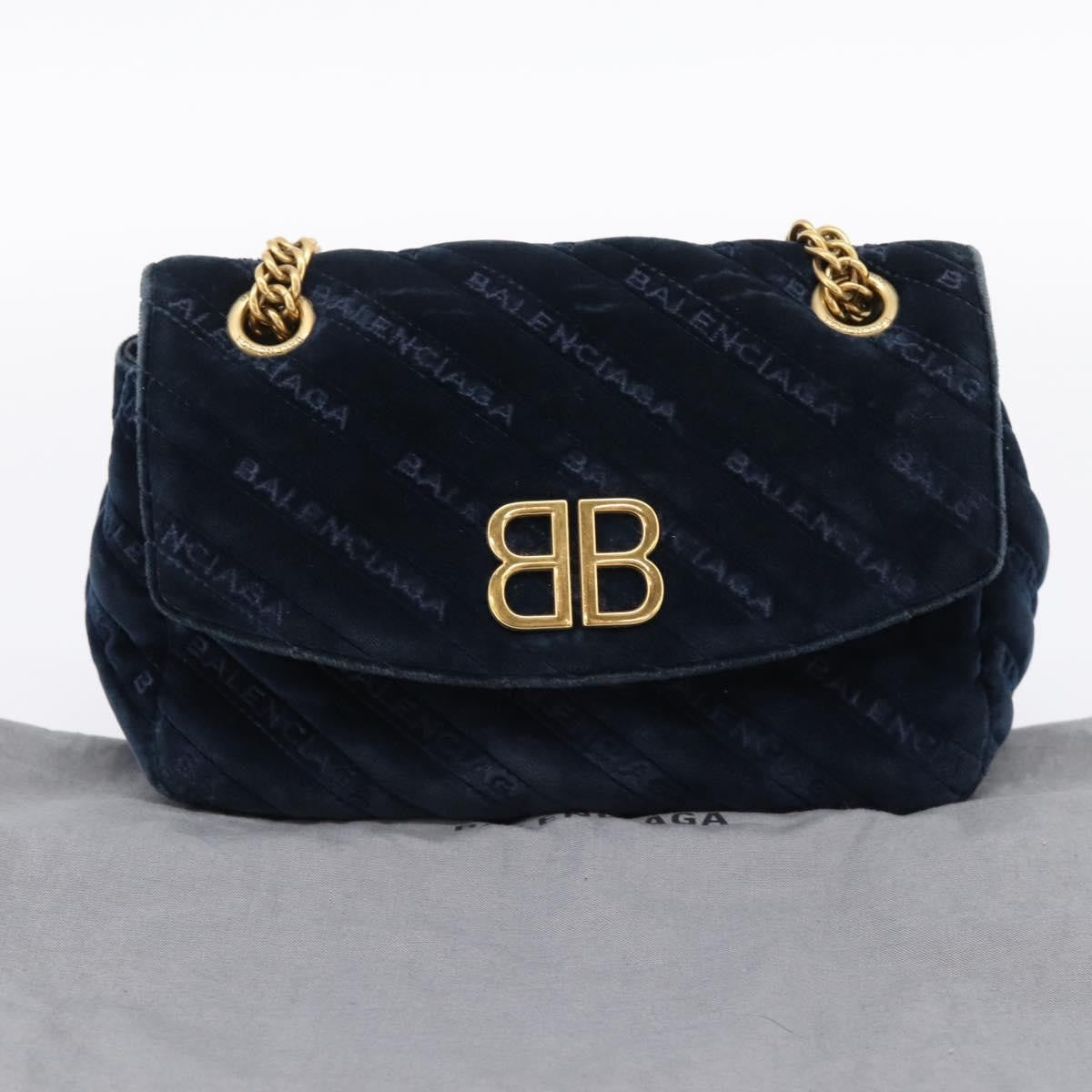 Balenciaga BB Chain Round Quilted Velvet, Navy, Velvet, Shoulder Bag