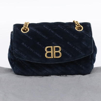 Balenciaga BB Chain Round Quilted Velvet, Navy, Velvet, Shoulder Bag