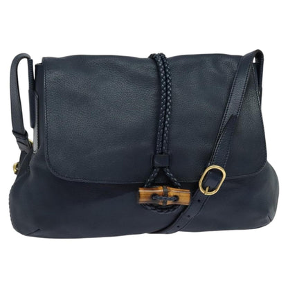 Gucci Hip Bamboo Flap Leather, Blue, Leather, Handbag