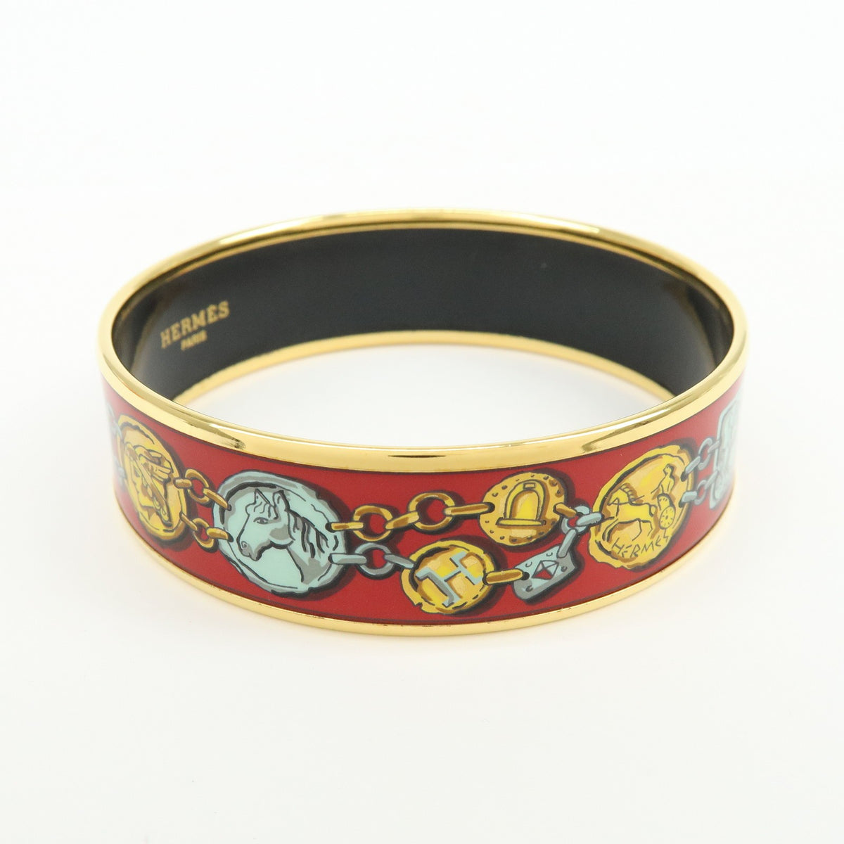 Hermes Bangle Printed Enamel, Red, Gold Plated, Bracelet