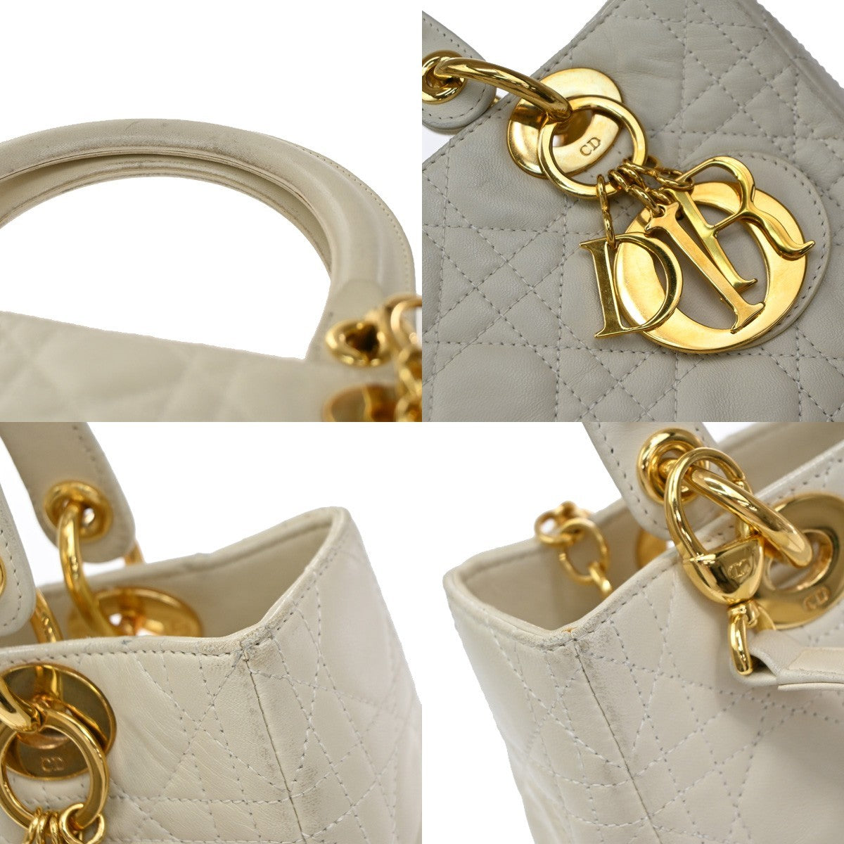 Christian Dior Lady Dior Cannage Quilt Leather, White, Leather, Handbag