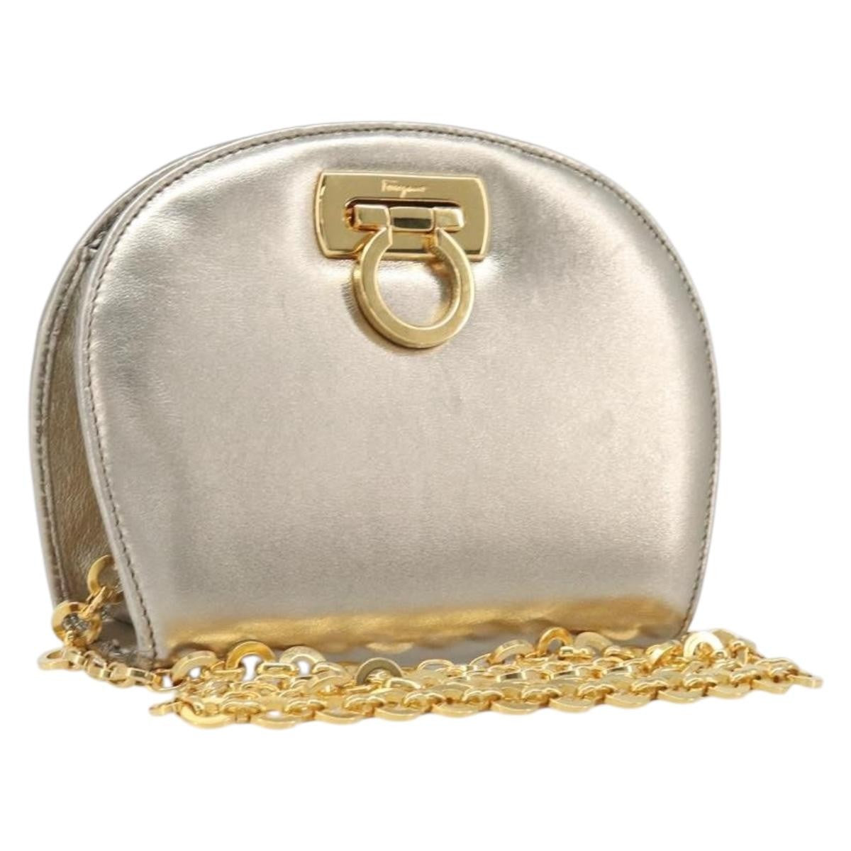 Salvatore Ferragamo Gancini Chain Leather, Gold, Leather, Shoulder Bag