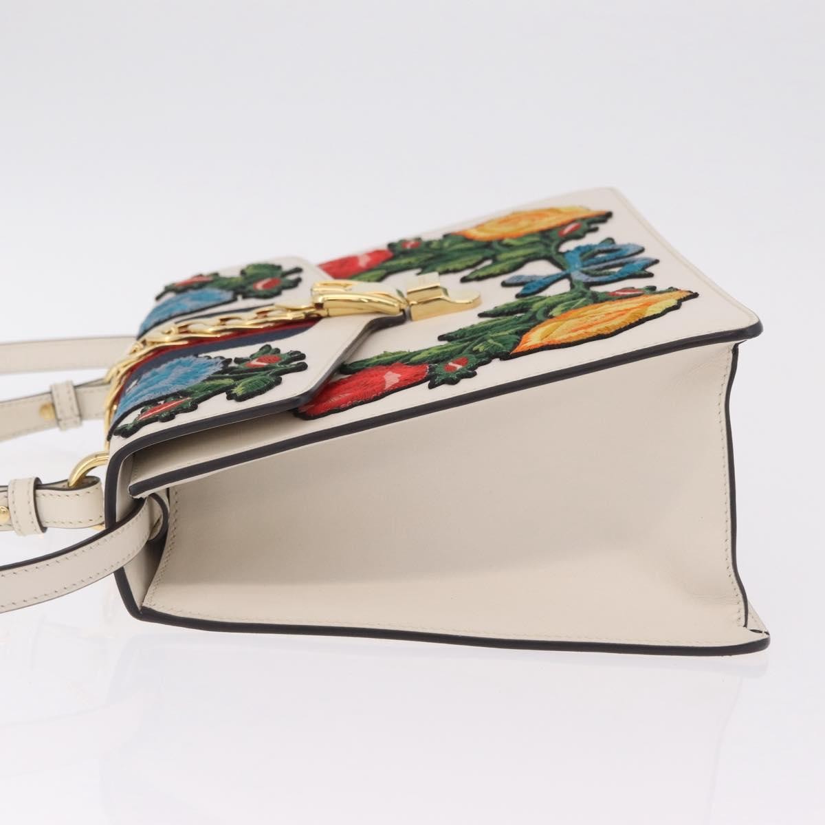 Gucci Sylvie Top Handle Embroidered Leather, White, Leather, Handbag