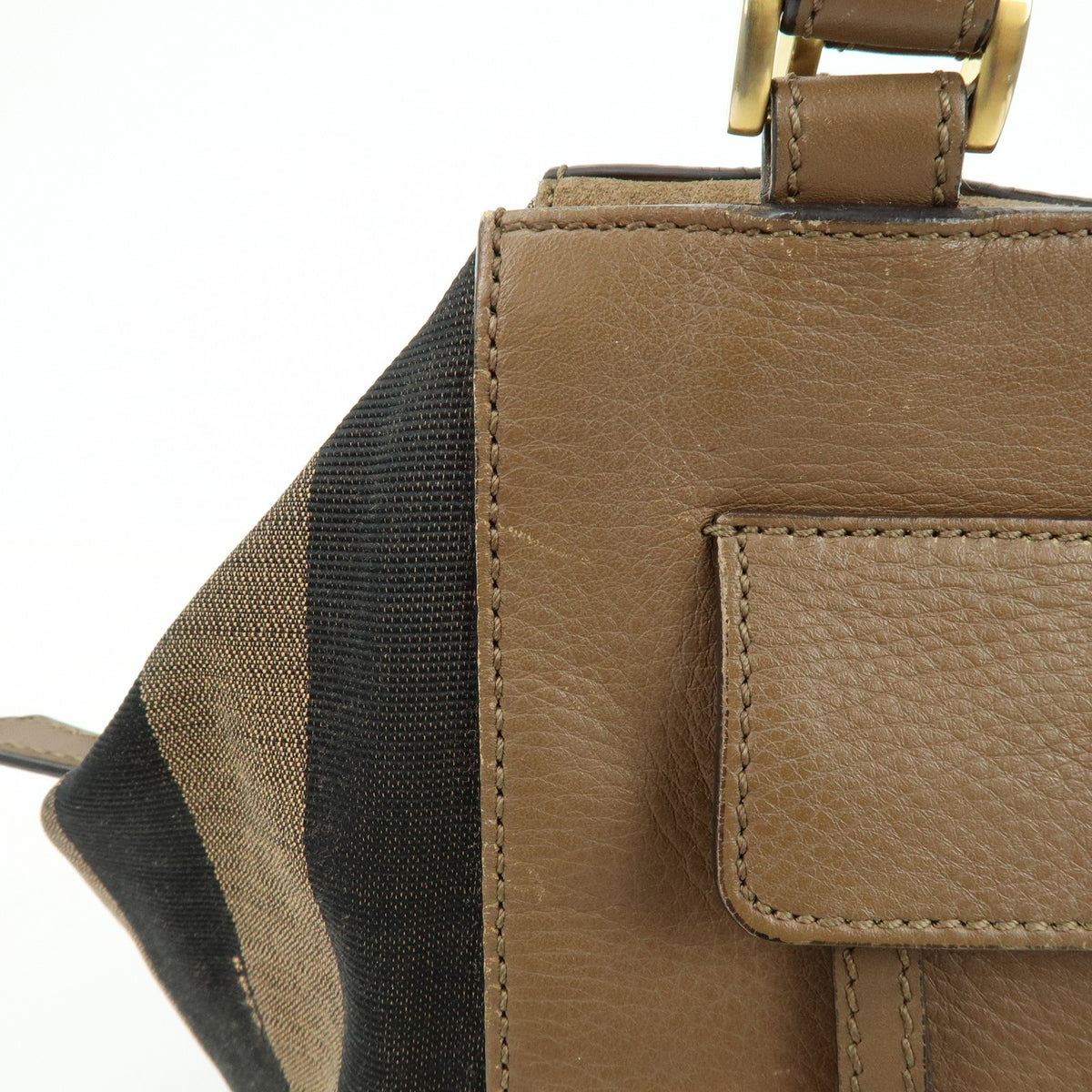Fendi Boxy Leather with Pequin Canvas, Brown, Leather, Tote Bag