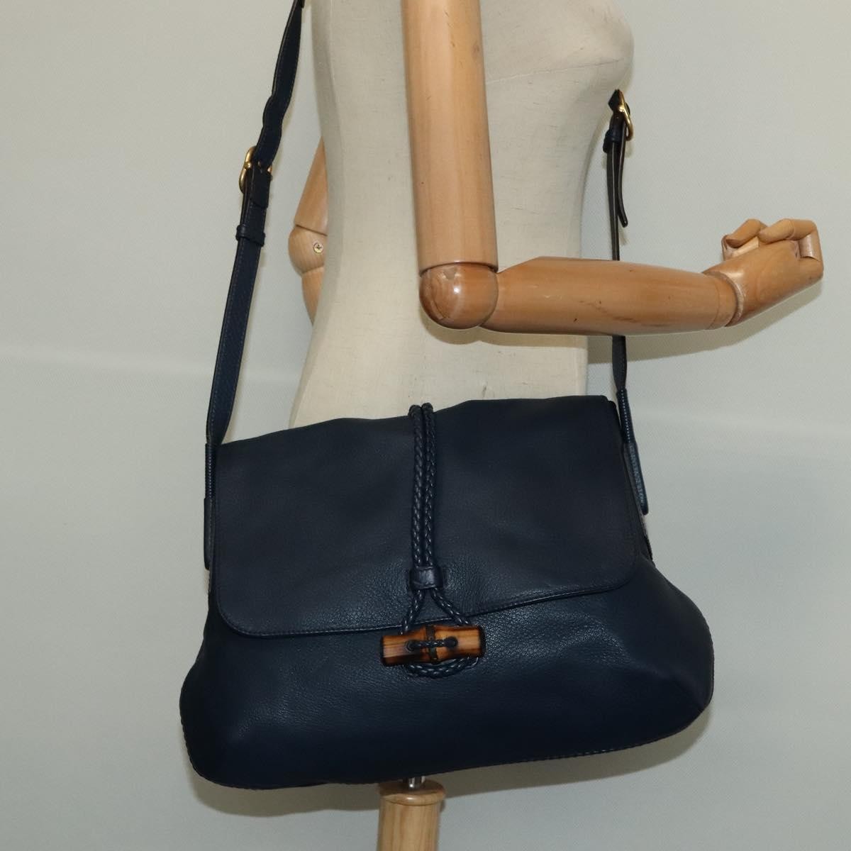 Gucci Hip Bamboo Flap Leather, Blue, Leather, Handbag